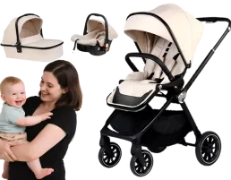 The Luxury Stroller features hand-stitched leather handles, a 3-position backrest, and CE certification. Offers TPR wheels with one-step brake, 5-point harness, and spacious storage. Ideal for familie