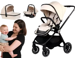 The Luxury Stroller features hand-stitched leather handles, a 3-position backrest, and CE certification. Offers TPR wheels with one-step brake, 5-point harness, and spacious storage. Ideal for familie