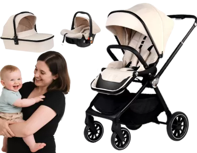 The Luxury Stroller features hand-stitched leather handles, a 3-position backrest, and CE certification. Offers TPR wheels with one-step brake, 5-point harness, and spacious storage. Ideal for familie